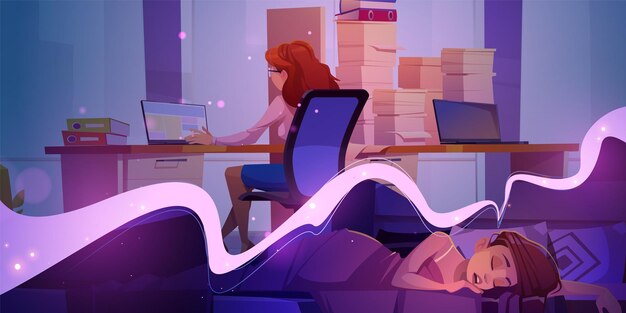 Mujer duerme en la cama y sueña con el trabajo Chica dormida en el dormitorio y personaje femenino en la mesa con computadora portátil y papeleo en la ilustración de dibujos animados de vector de oficina