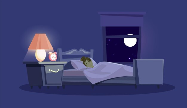 Mujer durmiendo en la cama por la noche diseño de interiores de dormitorio sobre fondo azul Chica joven acostada en la cama apartamento decoración habitación mobiliario con ventana por la noche