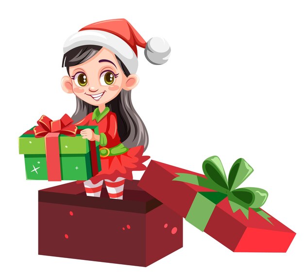 Mujer elfa sosteniendo regalo en caja de regalo