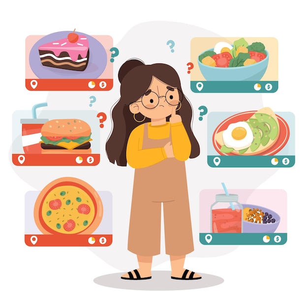 Mujer eligiendo entre alimentos saludables y no saludables