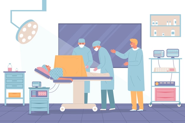 Mujer embarazada dando a luz en la escena del hospital ilustración vectorial plana