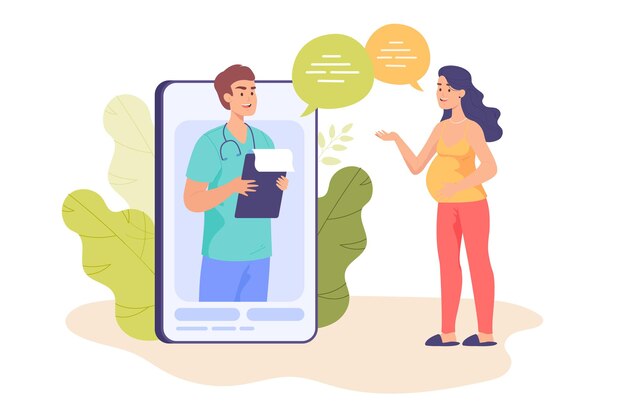 Mujer embarazada hablando con un médico varón a través de un enorme teléfono móvil
