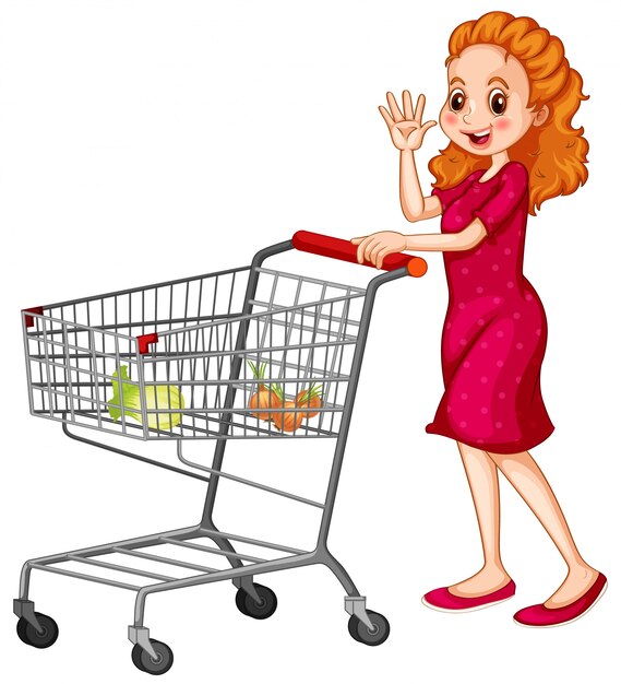 Mujer empujando el carrito de compras sobre fondo blanco.