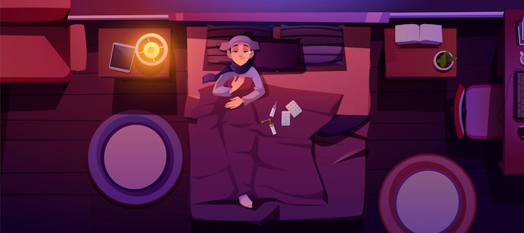 Vector gratuito mujer enferma acostada en la cama con vista superior de fiebre