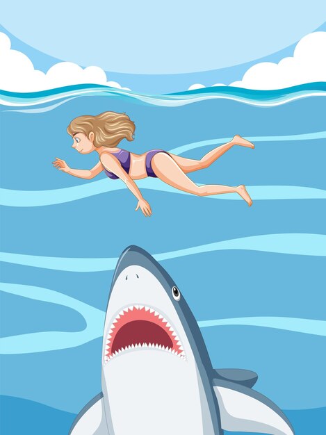 Una mujer escapando de un tiburón agresivo