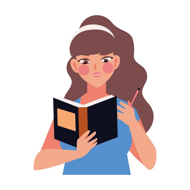 mujer estudiando con una ilustración de libro aislada