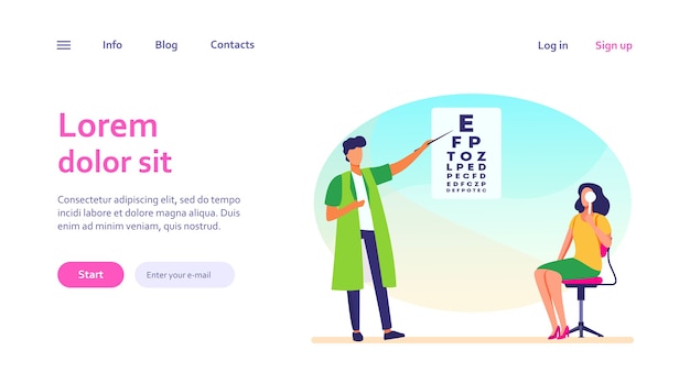 Vector gratuito mujer examinando los ojos con la ayuda del oftalmólogo. oculista, carta, hospital. concepto de medicina y salud para el diseño de sitios web o páginas web de destino