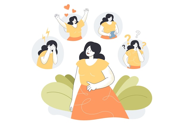 Vector gratuito mujer expresando varios sentimientos y emociones. personaje femenino de dibujos animados que sufre de comportamiento distraído y cambios de humor ilustración vectorial plana. concepto de salud psicológica o mental.