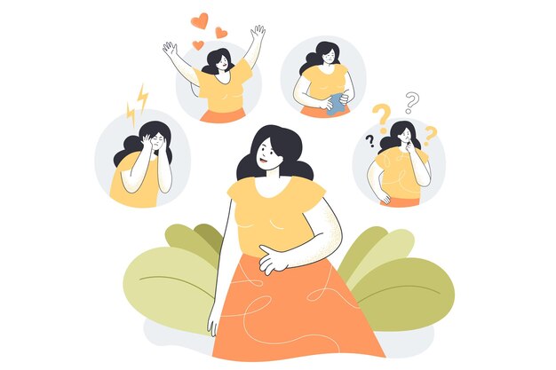 Mujer expresando varios sentimientos y emociones. Personaje femenino de dibujos animados que sufre de comportamiento distraído y cambios de humor ilustración vectorial plana. Concepto de salud psicológica o mental.