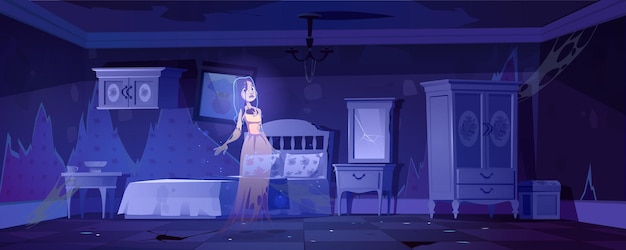 Mujer fantasma en dormitorio antiguo por la noche
