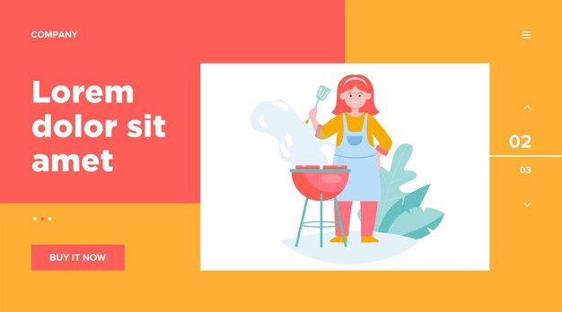 Mujer feliz asar carne de barbacoa. Chef mujer en delantal sosteniendo una espátula, cocinando en la plantilla web de jardín