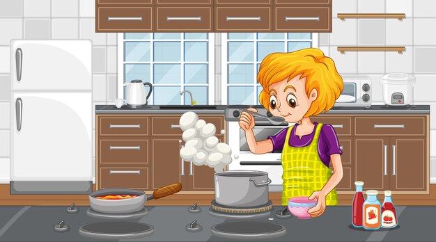 Una mujer feliz cocinando en la escena de la cocina.