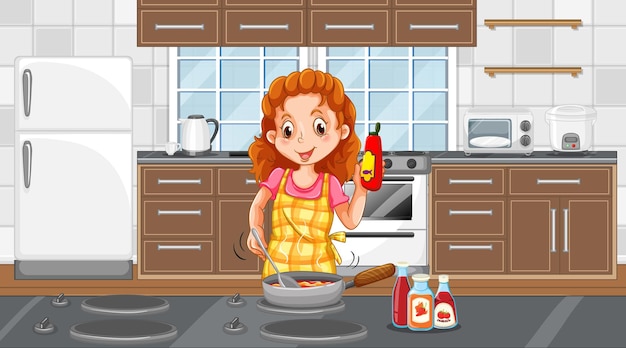 Una mujer feliz cocinando en la escena de la cocina.