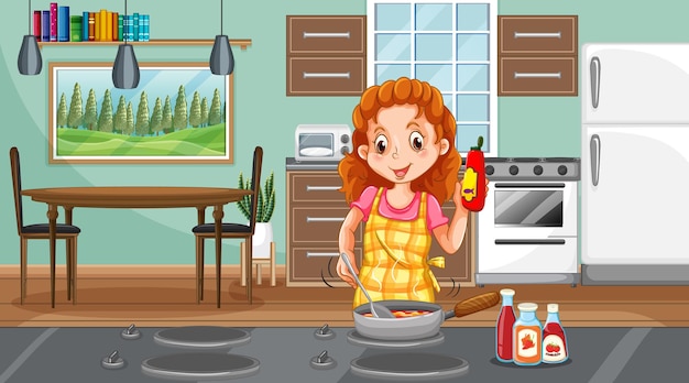 Vector gratuito una mujer feliz cocinando en la escena de la cocina.