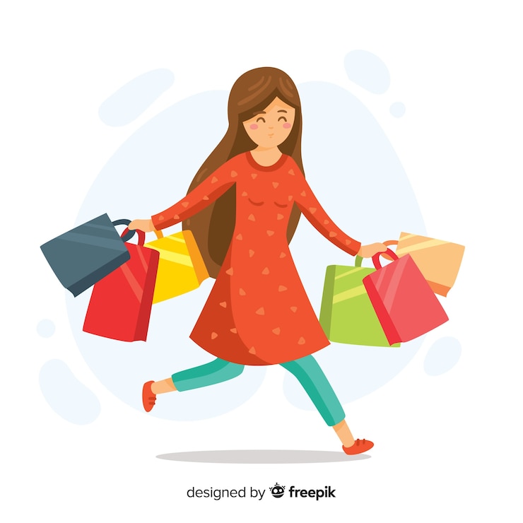Vector gratuito mujer feliz llevando bolsas de compras