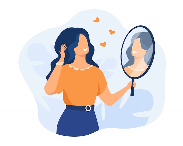 Vector gratuito mujer feliz mirándose en el espejo