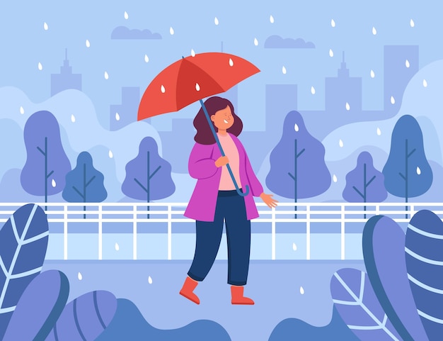 Vector gratuito mujer feliz con paraguas caminando por la ciudad bajo la lluvia. paisaje otoñal o otoñal con chica en clima lluvioso ilustración vectorial plana. clima, concepto de temporadas para banner o página web de destino