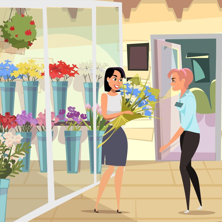 Vector gratuito mujer en floristería clientes y amigable vendedor consultor trabajador de tienda sonriente ayudando a joven sosteniendo ramo