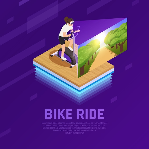 Vector gratuito mujer en gafas vr con naturaleza virtual en composición isométrica de bicicleta estacionaria en púrpura