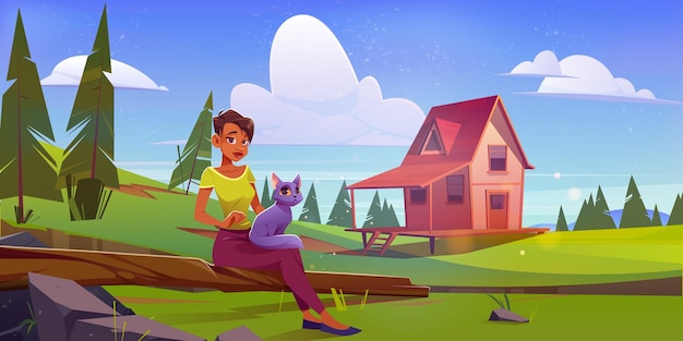Mujer con gato relajarse en la naturaleza con casa de madera