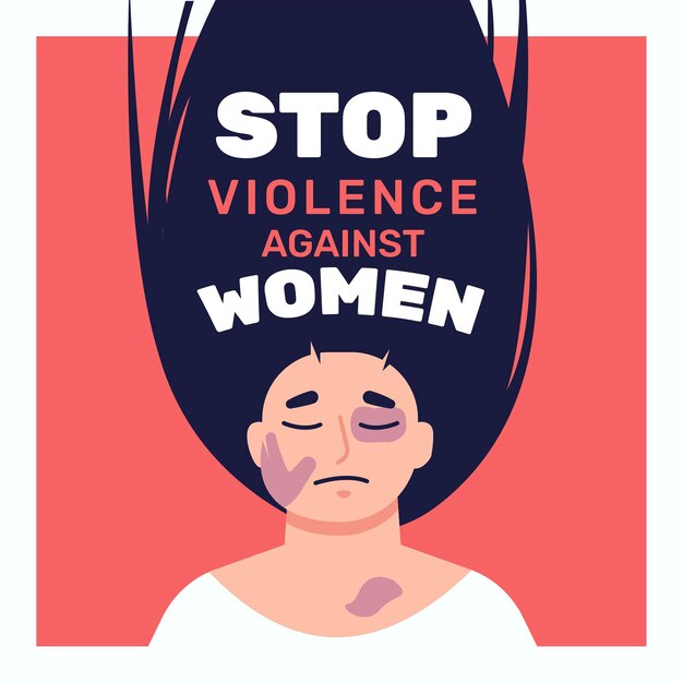 Mujer golpeada ilustrada con texto de detener la violencia contra las mujeres