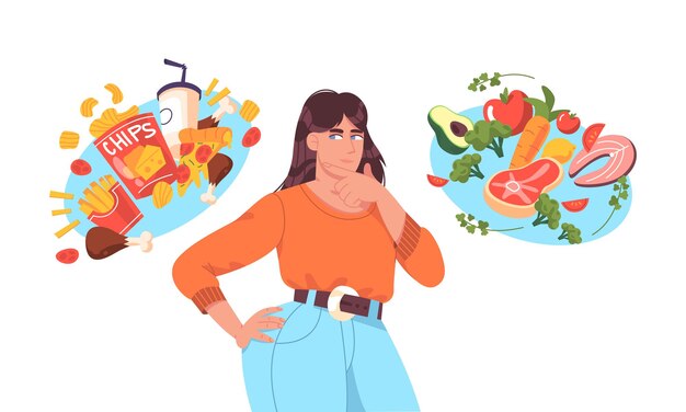 Mujer gorda eligiendo entre buena comida sana y mala no saludable. Comida chatarra vs concepto de comparación de nutrición de menú equilibrado. Personaje plano femenino pensando en dieta, calorías extra o pérdida de peso.