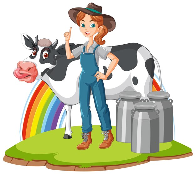 Mujer granjera con dibujos animados de vacas lecheras