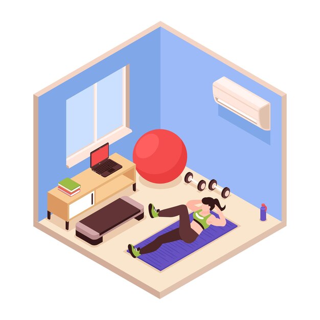 Mujer haciendo fitness en casa con varios equipos deportivos isométricos 3d ilustración vectorial