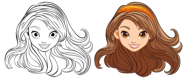 Mujer hermosa con el cabello largo Doodle Contorno páginas para colorear