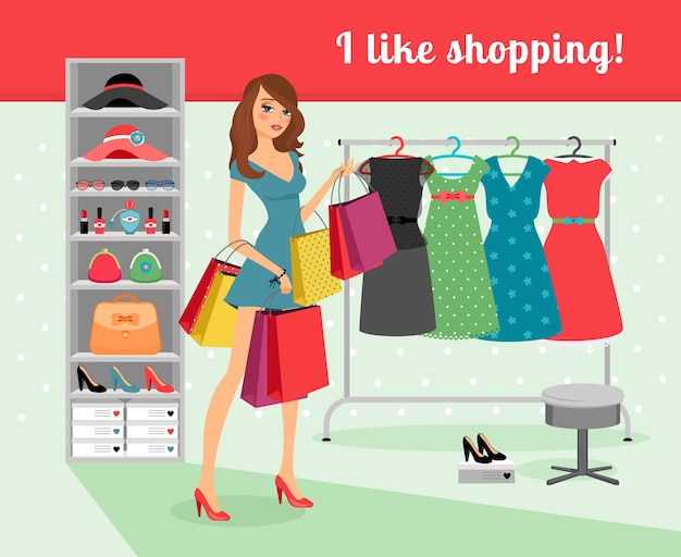 Mujer hermosa joven con paquetes en la mano de compras. Ilustración vectorial