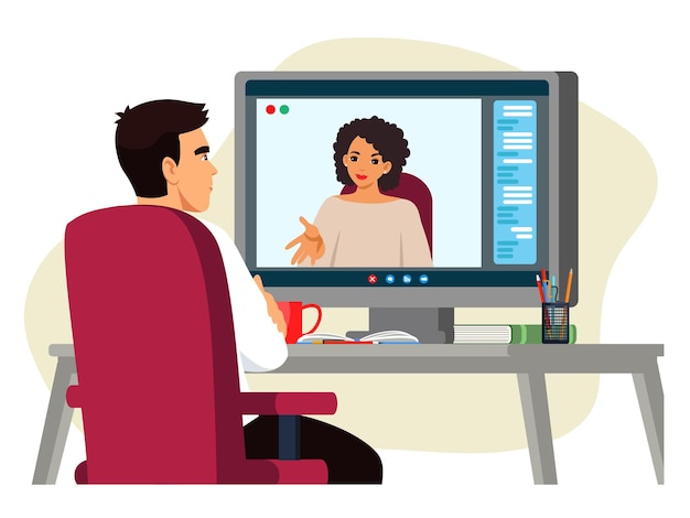 Mujer y hombre hablando en videollamadas en línea a través de la ilustración de la pantalla de la computadora Trabajadores hablando en videoconferencia con taza y libros reunión digital virtual