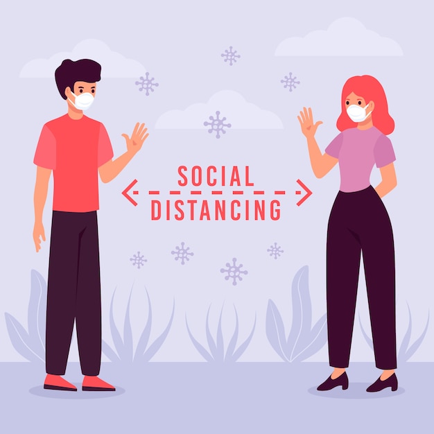 Vector gratuito mujer y hombre practicando distanciamiento social