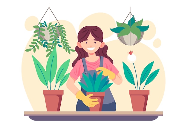 Vector gratuito mujer de ilustración plana cuidando plantas