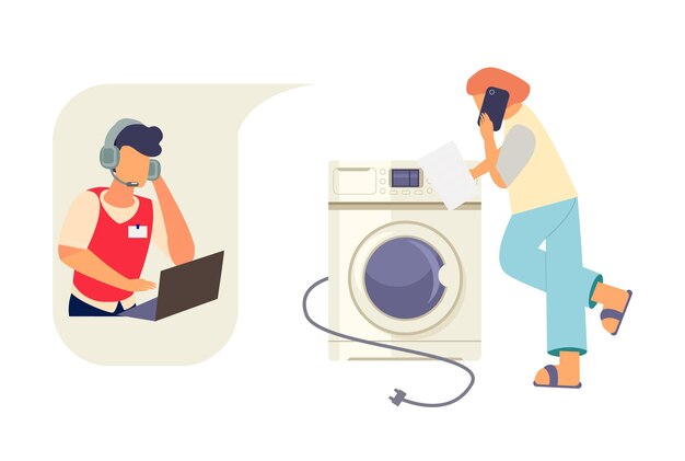 Mujer con instrucciones de lavadora llamando al soporte técnico de la tienda de electrodomésticos plana