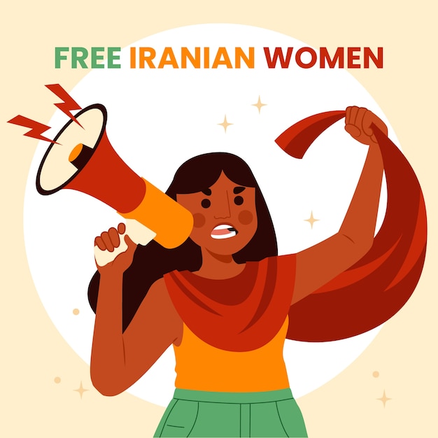 Mujer iraní dibujada a mano protestando con megáfono