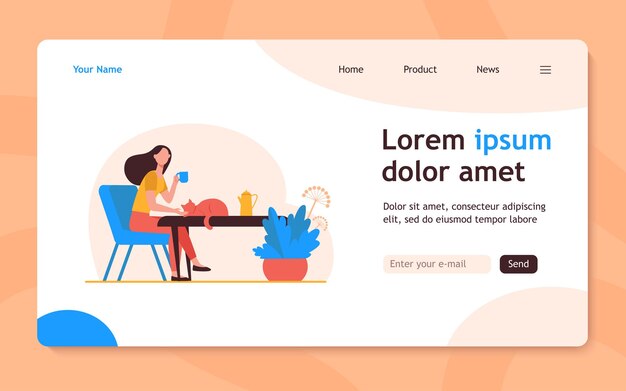 Mujer joven acariciando gato rojo mientras bebe té. Coffee break, mañana, mascota ilustración plana. Hogar acogedor, bebida caliente, diseño de sitio web de concepto de otoño o página web de aterrizaje