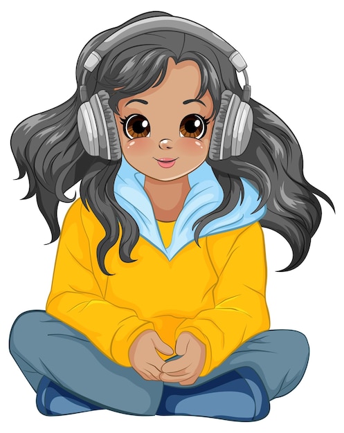 Vector gratuito mujer joven con auriculares escuchando música y sentada en t