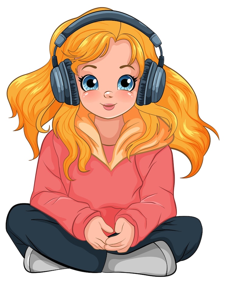 Vector gratuito mujer joven con auriculares escuchando música y sentada en t