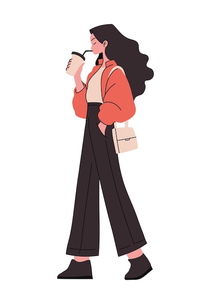 Mujer joven bebiendo café personaje