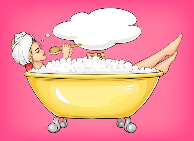 Vector gratuito mujer joven cantando en la bañera amarilla ilustración de dibujos animados