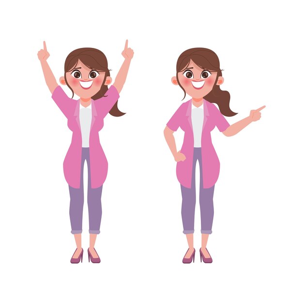 Mujer joven con carácter de pose de gesto de diferencia de ropa rosa
