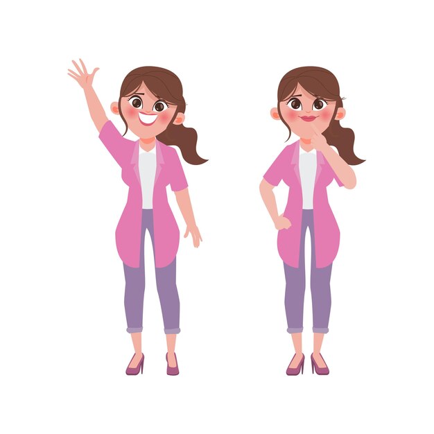 Mujer joven con carácter de pose de gesto de diferencia de ropa rosa