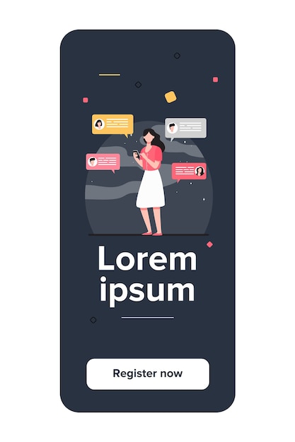 Mujer joven charlando con amigos a través de smartphone. Teléfono móvil, dispositivo, chat ilustración vectorial plana
