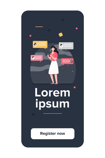 Mujer joven charlando con amigos a través de smartphone. Teléfono móvil, dispositivo, chat ilustración vectorial plana