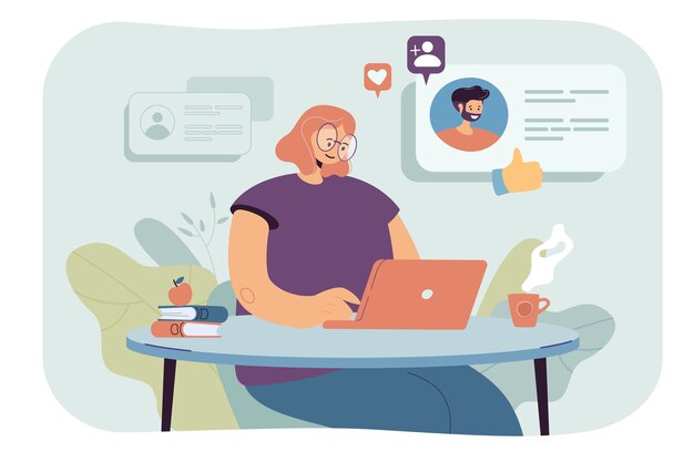 Mujer joven con computadora para citas en línea. Ilustración plana