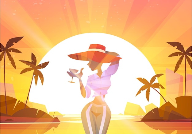 Vector gratuito mujer joven con copa de vino en verano sol atardecer paisaje marino y palmeras fondo hermosa chica con sombrero rojo beber champán posando en vista al mar resort exótico relajarse ilustración de dibujos animados