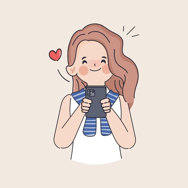 Mujer joven dibujada a mano usando un teléfono inteligente enviando un mensaje con un personaje amante