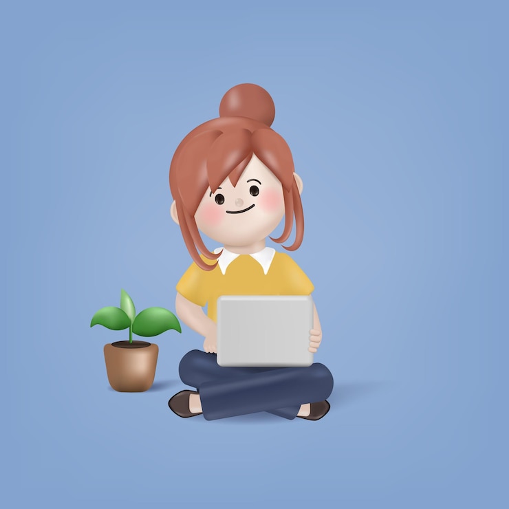 Vector gratuito mujer joven de dibujos animados en 3d sentada y usando un diseño de vector de ilustración de personaje de computadora portátil