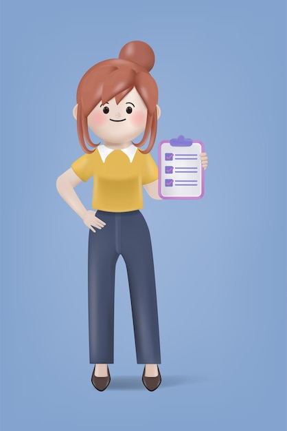 Mujer joven de dibujos animados de ilustración 3d con una lista de verificación del portapapeles