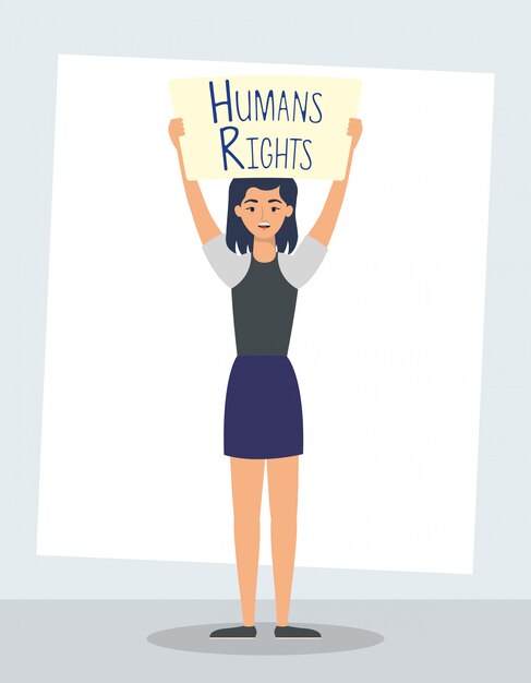 Mujer joven con diseño de ilustración de vector de personaje de etiqueta de derechos humanos